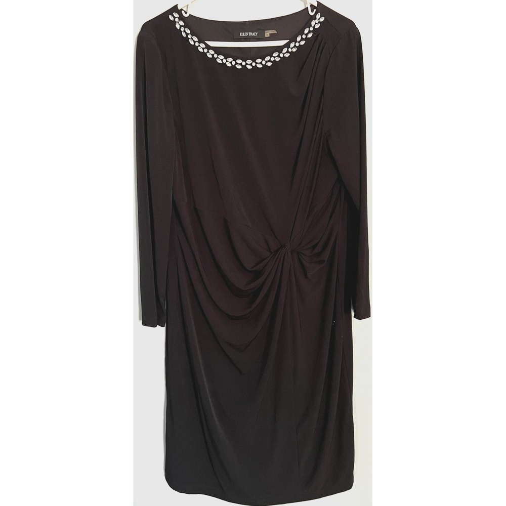 Ellen Tracy Dress Womens 16 Black Long Sleeve Embellished Jewel Neck Ruched